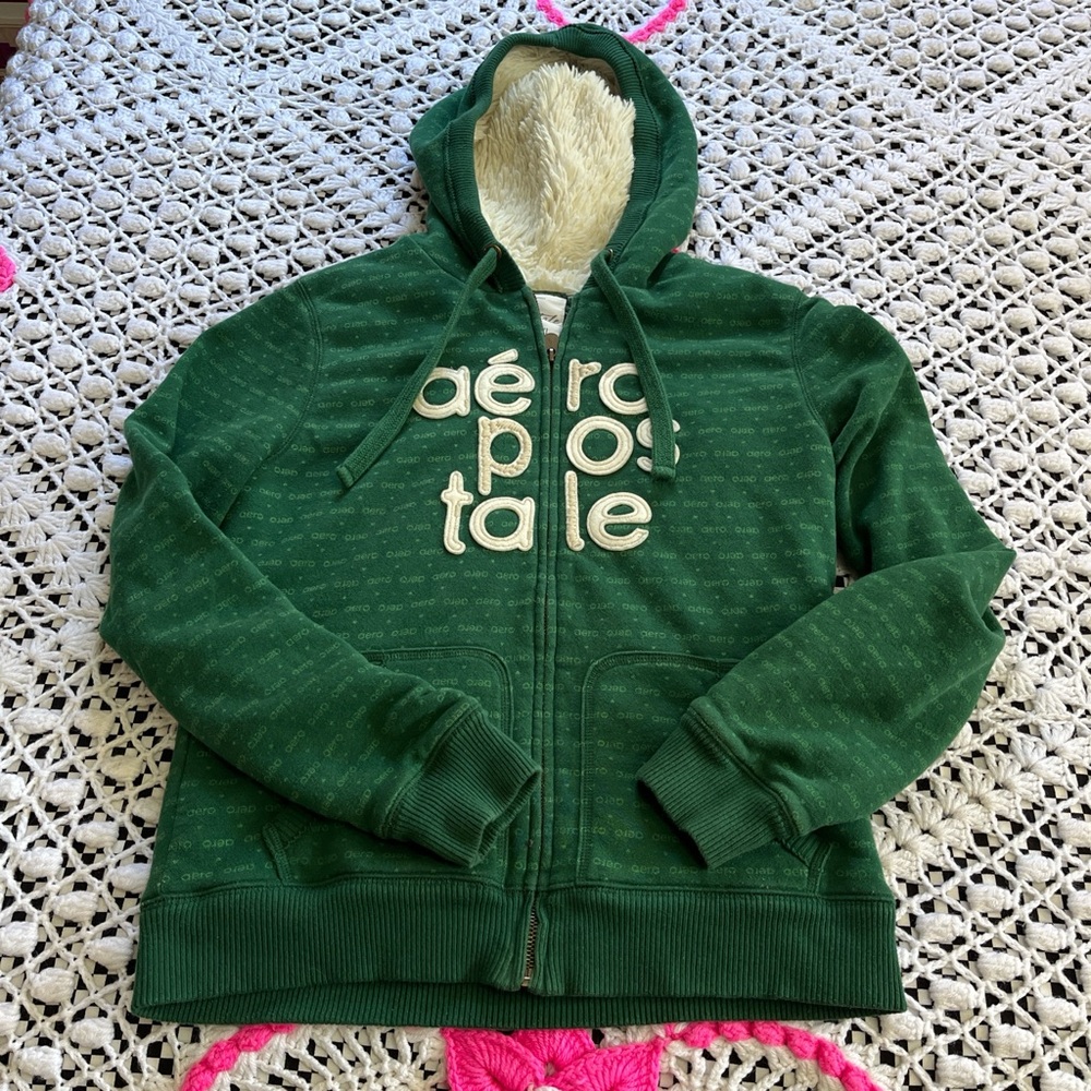 Aeropostale Forest Green Zip Hoodie with Cream Sherpa lined Hood